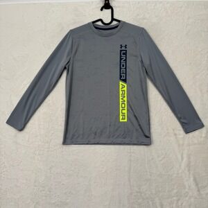 Under Armour Shirt Boys Youth Medium Gray Long Sleeve HeatGear Loose Graphic